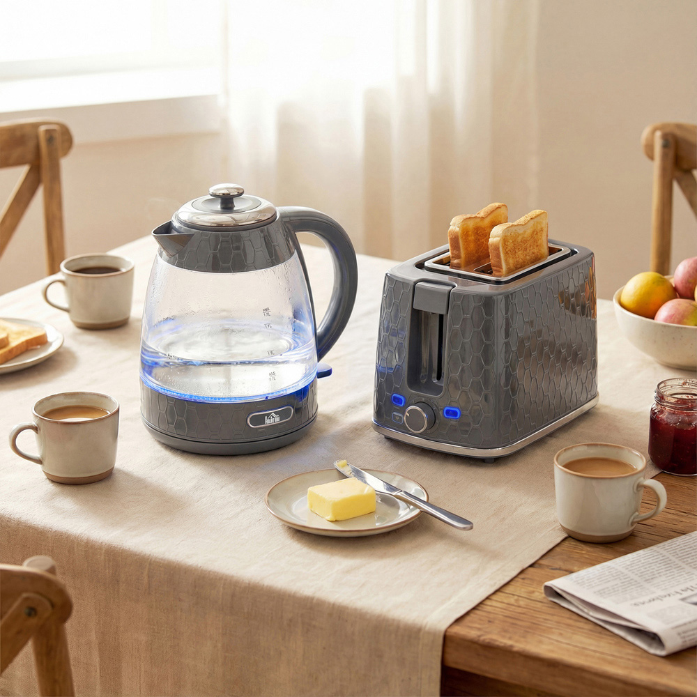 HOMCOM Grey 1.7L Fast Boil Kettle and 2 Slice Toaster Set Image 2