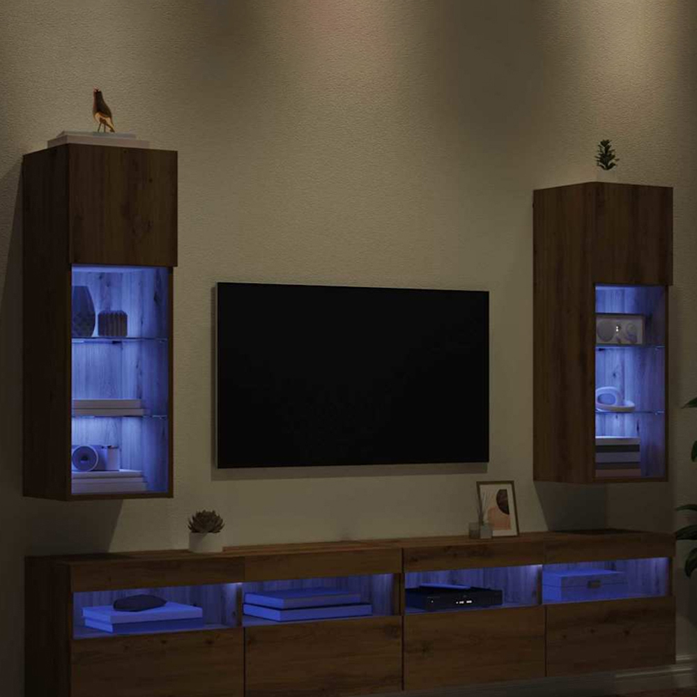 vidaXL Single Door 3 Shelf Artisan Oak Wall Mounted LED TV Unit Set of 2 Image 1
