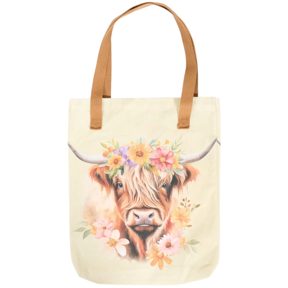 Floral Highland Cow Tote Bag Cream Image 1