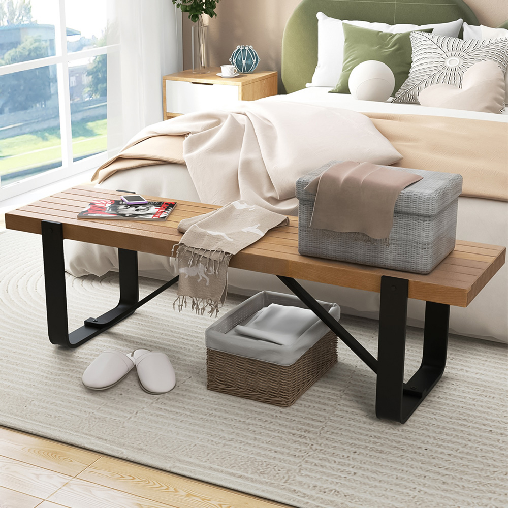 Costway Natural Metal Long Hallway Bench Image 1