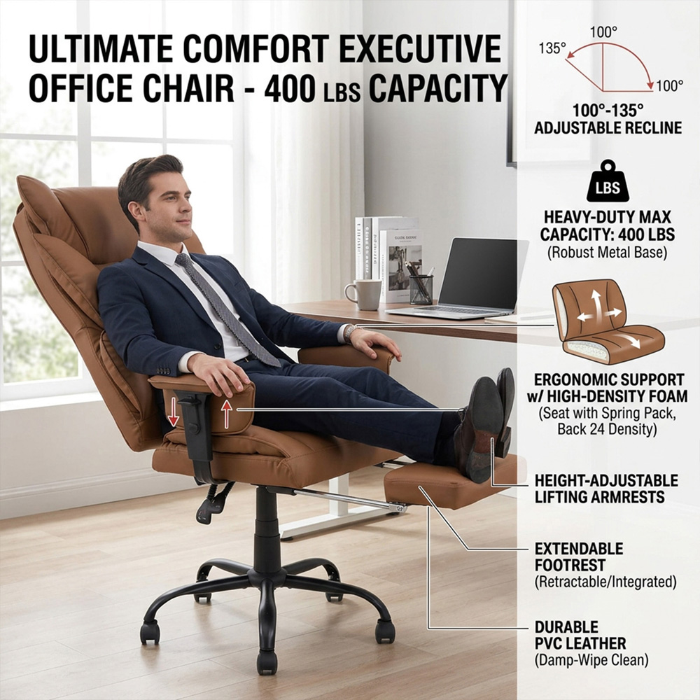 Living and Home Brown Ergonomic Office Chair with Adjustable Armrests and Footrest Image 8