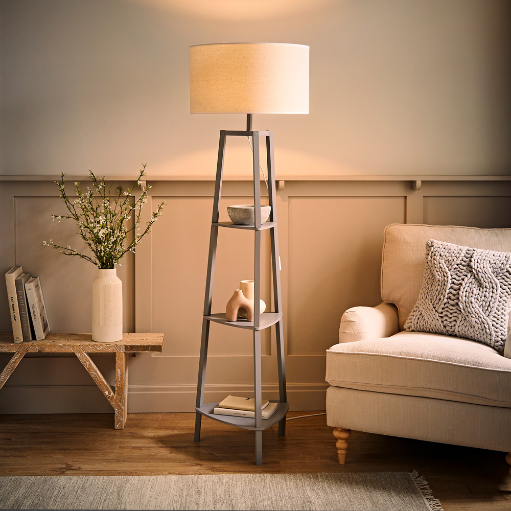 ValueLights Hiru Grey 3 Shelf White Trim Linen Shade Floor Lamp with Bulb Image 6