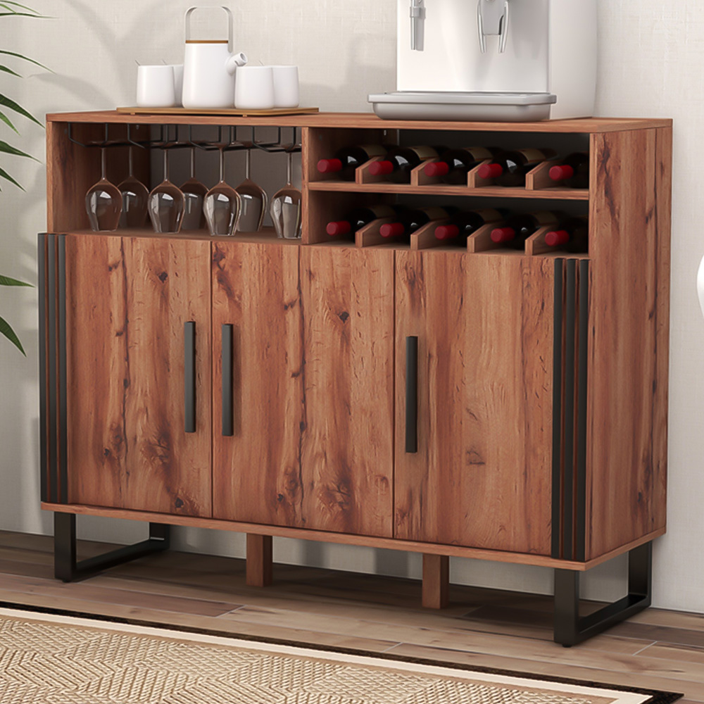 Costway 3 Door 10 Bottle Rustic Brown Home Wine Bar Cabinet with Glass Holder Image 1