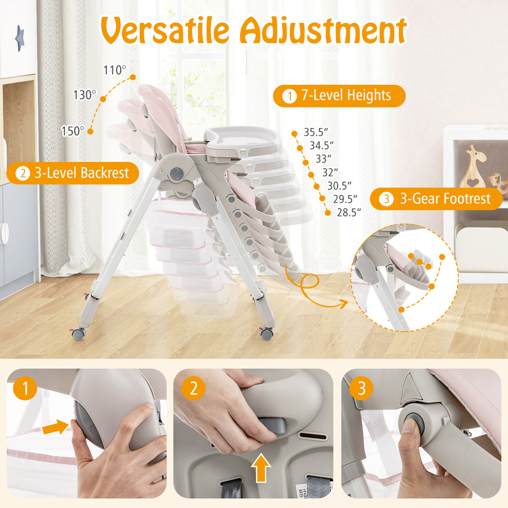 Costway Pink Multifunctional Folding Baby Highchair Image 5