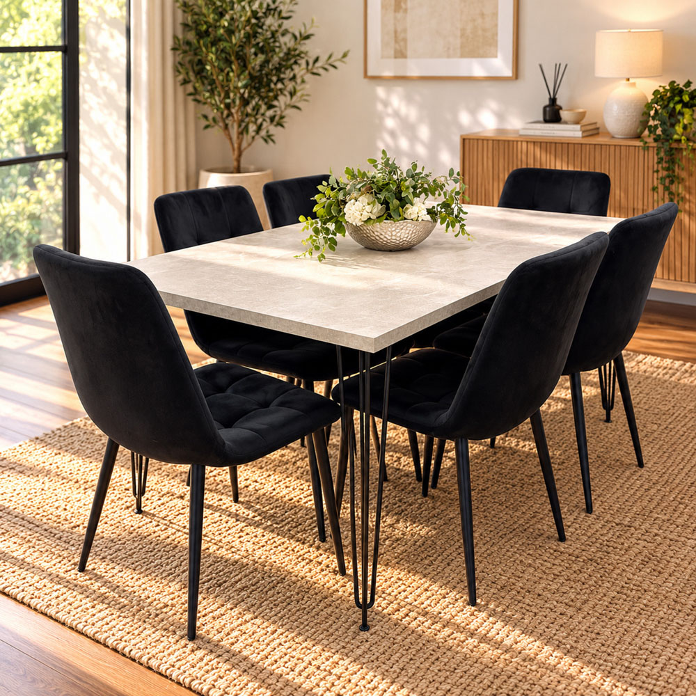 Kosy Koala 6 Seater Wood and Velvet Tufted Dining Set Grey and Black Image 1