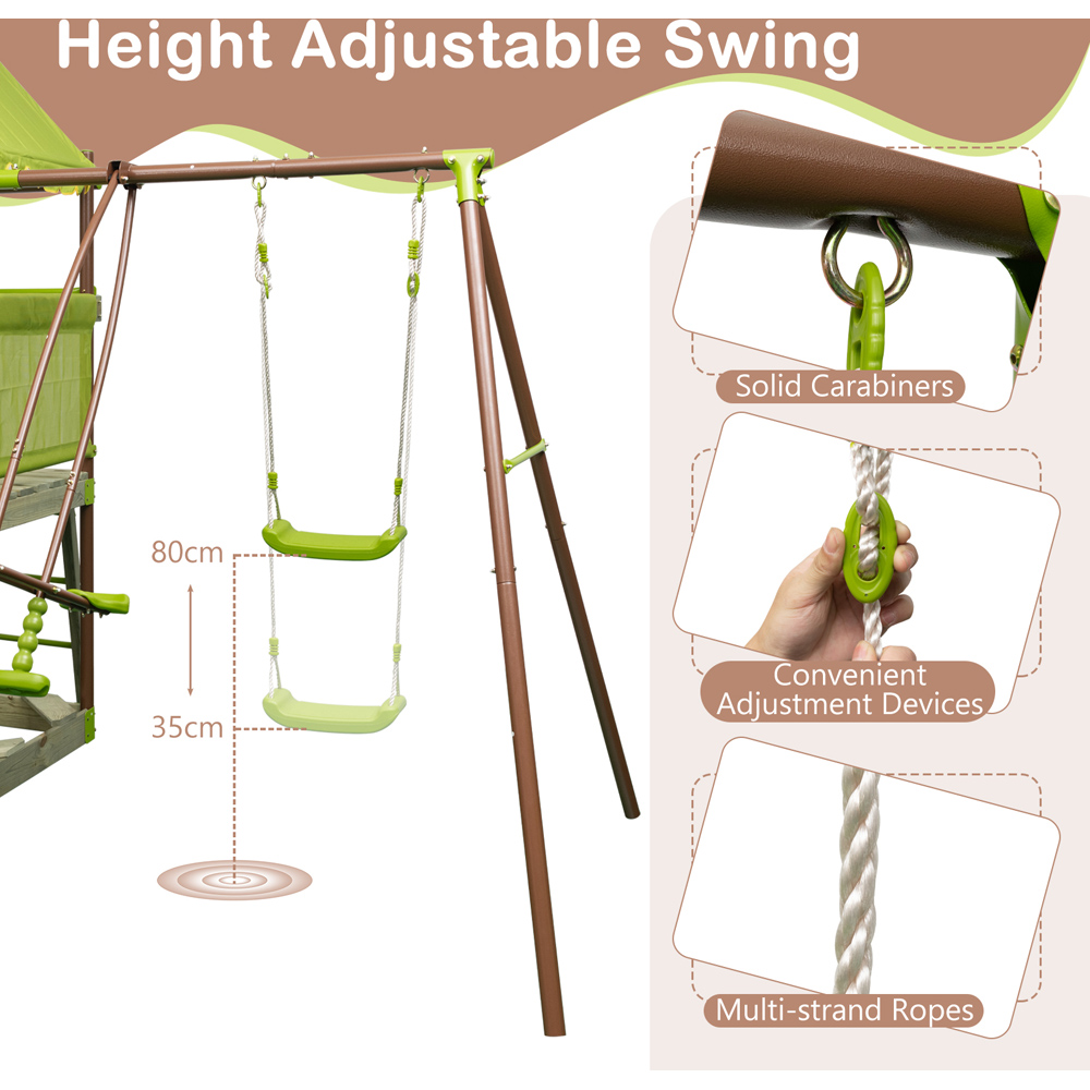 Costway 7 in 1 Green Metal Outdoor Swing Playset with Covered Fort Image 3