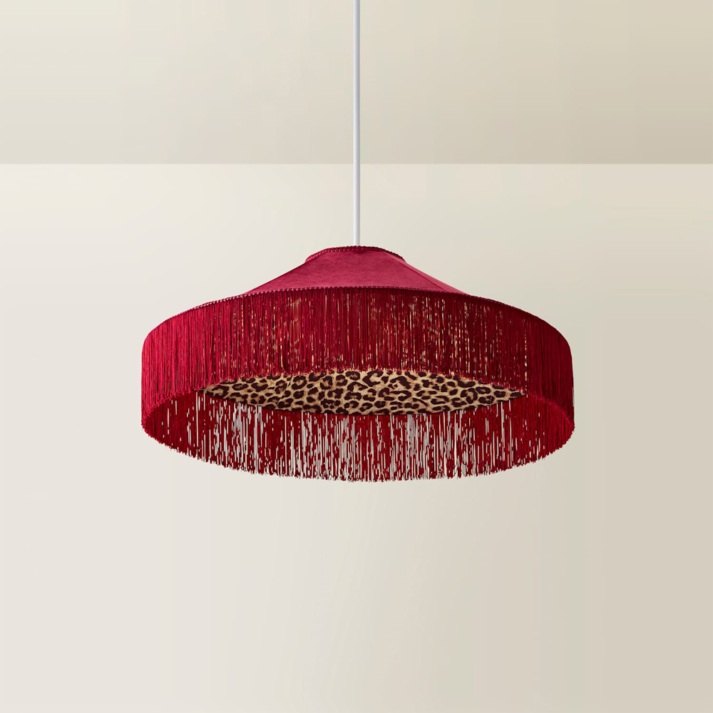 ValueLights Nicole Burgundy Velvet Taper Pendant Lamp Shade with Leopard Print Inner and Fringe Trim Image 3
