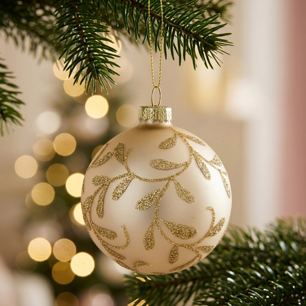 Ivory Glitter Leaf Bauble Image 2
