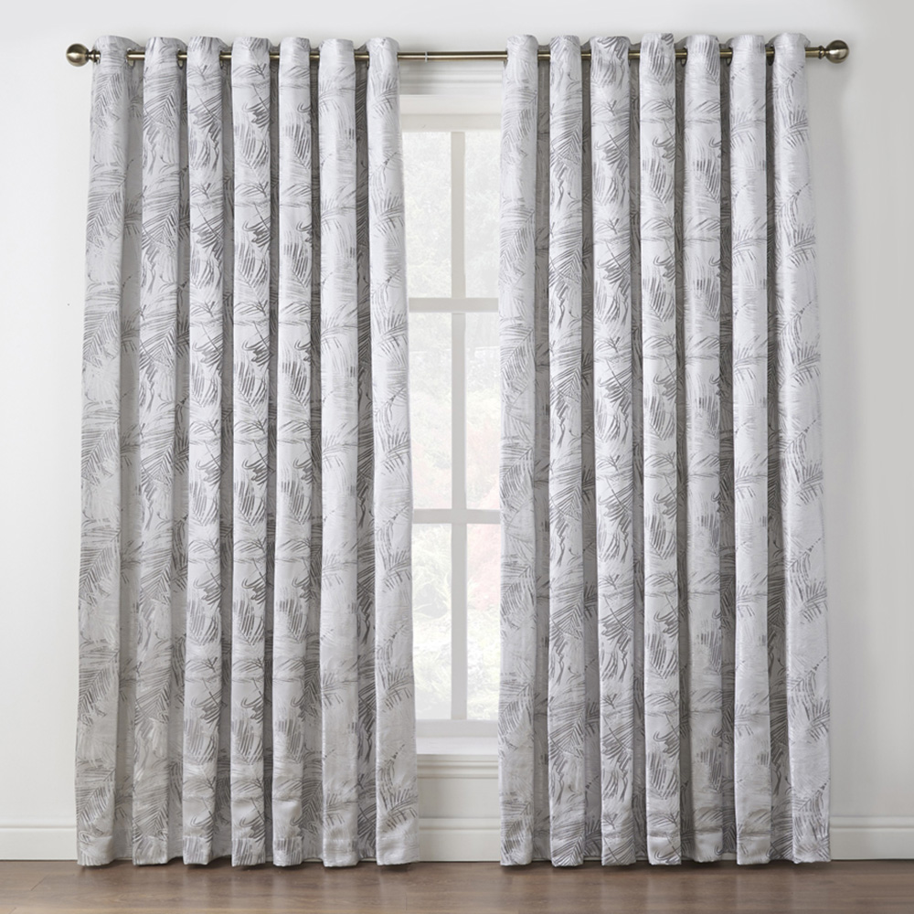 Alan Symonds Dupion Silver Fern Jacquard Ring Top Eyelet Curtains 168 x 229cm Image 1