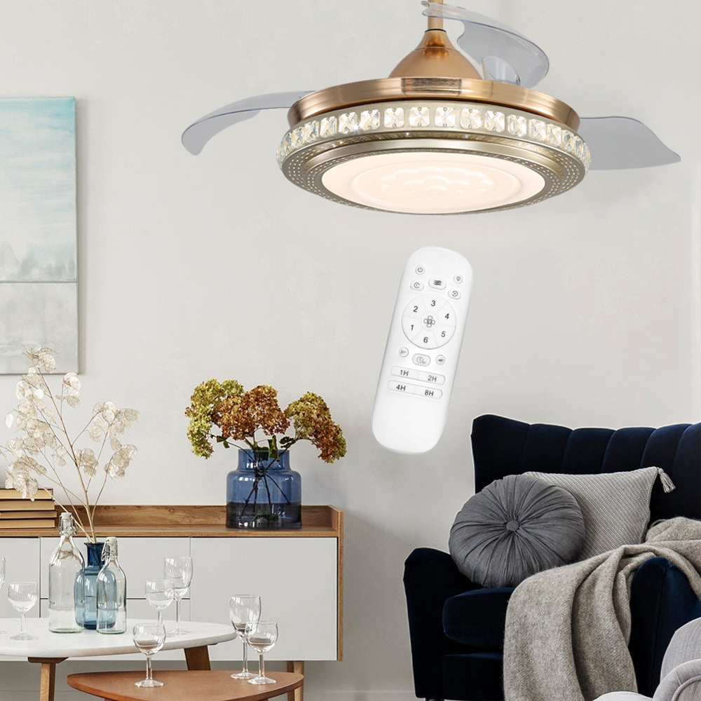 Living and Home Gold Crystal LED Ceiling Fan Light with Remote 42 inch Image 5