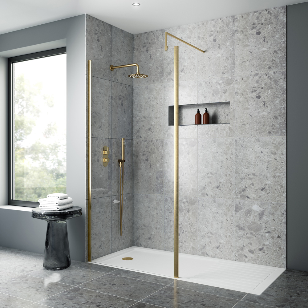 nuie Brushed Brass Outer Framed Wetroom Screen with Support Bar 1850 x 1000mm Image 2