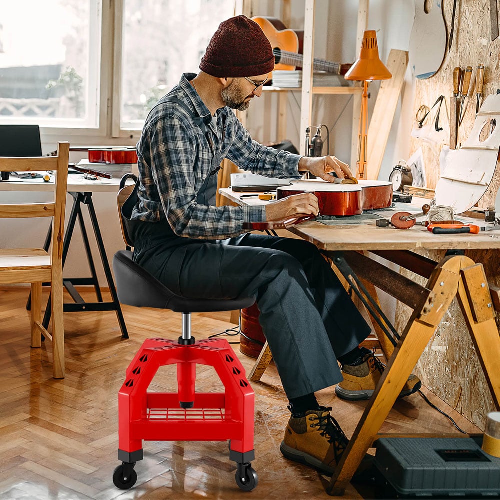 Costway Red Rolling Seat Adjustable Mechanic Stool with Tool Tray Image 2