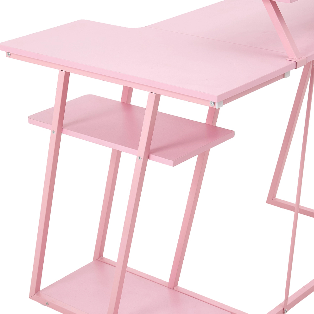 Living and Home Pink L-Shaped Gaming Desk with Monitor Stand and Shelf Image 7