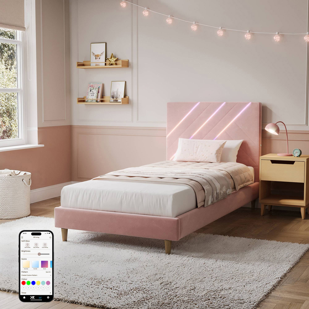 XR Living Lily Single Pink Velvet Bed Frame with App Controlled RGB LED Light Image 2