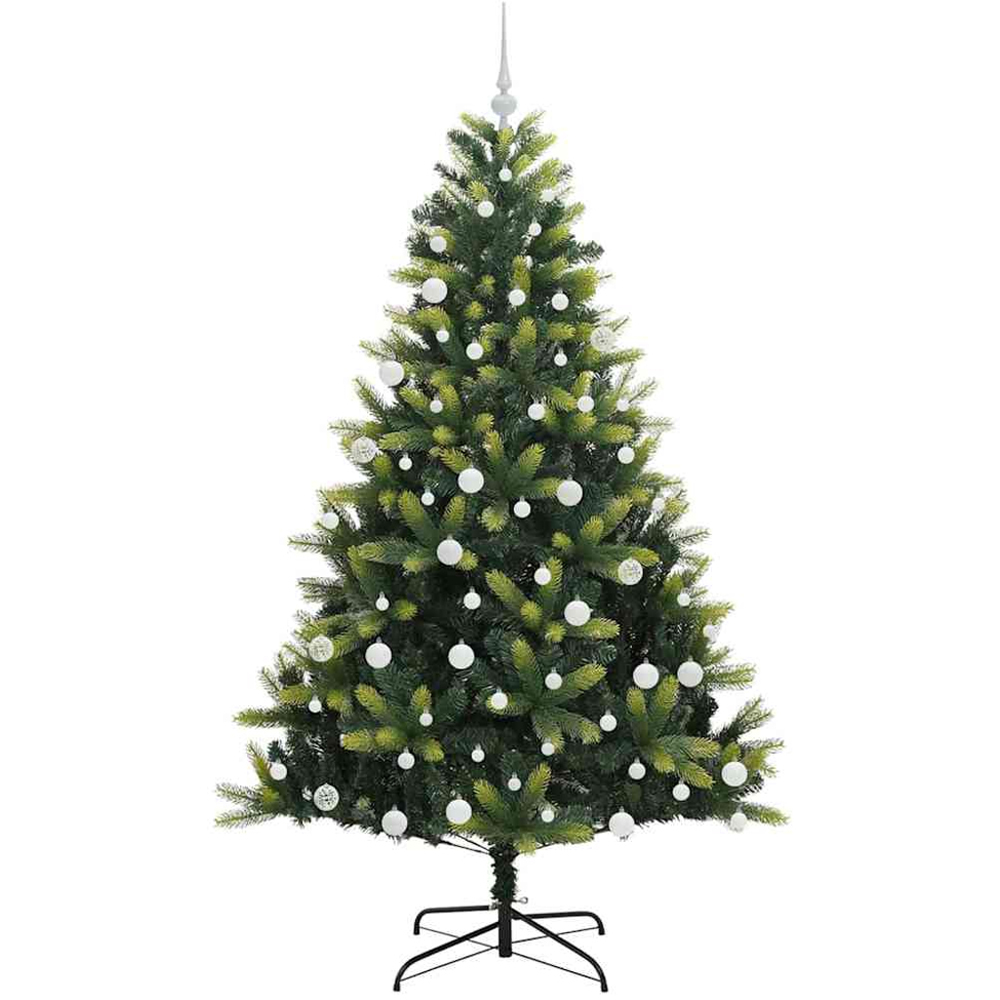 vidaXL Pre-Lit White Baubles Green Artificial Hinged Christmas Tree 6ft Image 4
