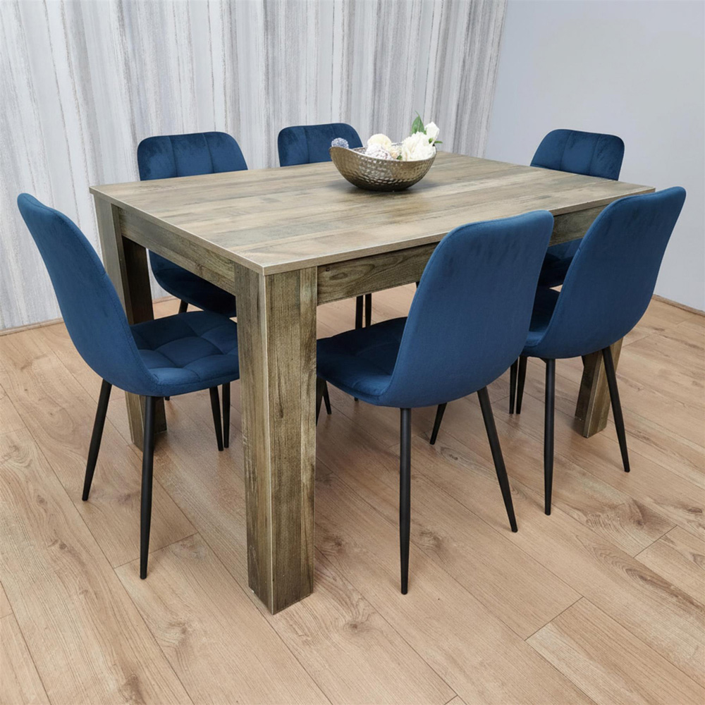 Portland 6 Seater Velvet Tufted Wooden Dining Set Blue Image 4