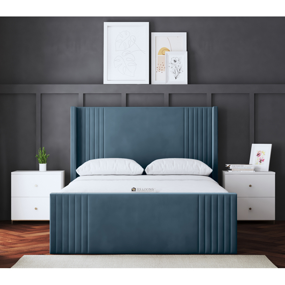 DS Living Elara King Size Blue Winged Panel Bed Frame with Headboard Image 4