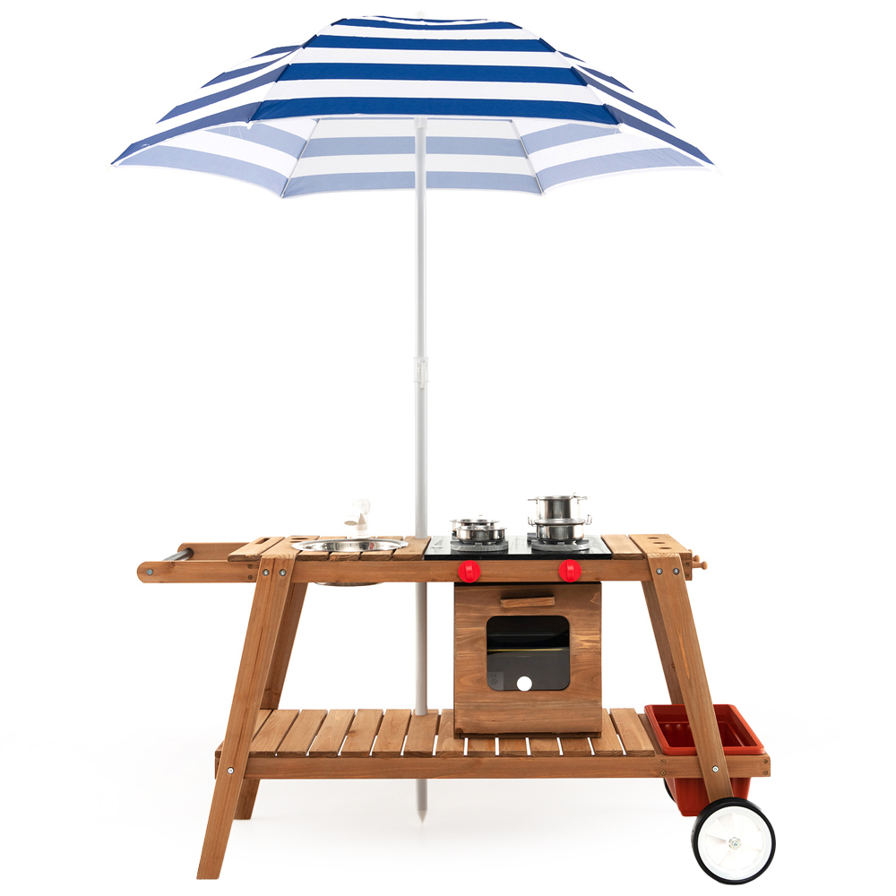 Costway Blue Kids Wooden Play Trolley with Umbrella Image 1