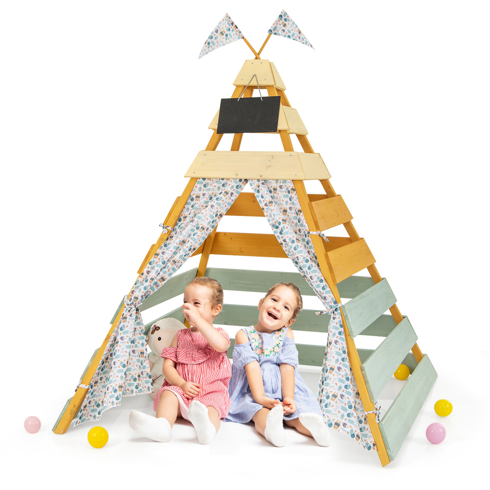 Costway Wooden Kids Play Tepee Tent with Curtains Image 3