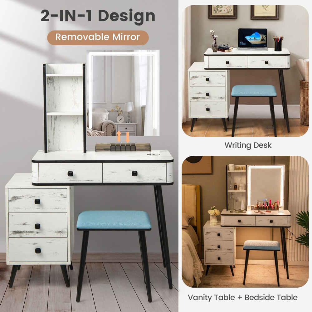 Costway 5 Drawer White Vanity Dressing Table Set with LED Mirror and Charging Station Image 4