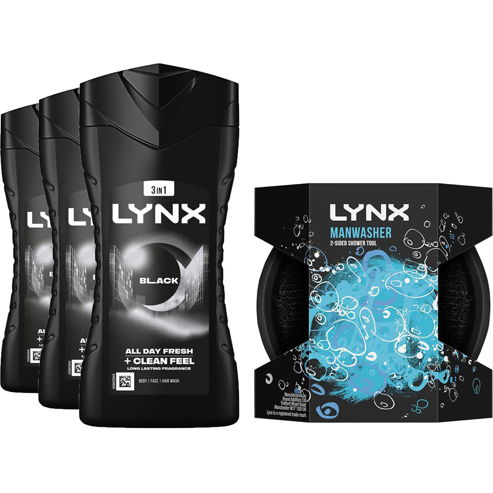 Lynx Black 12H Refreshing Shower Gel with Manwasher 2-Sided Shower Tool 225ml 3 Pack Image 1