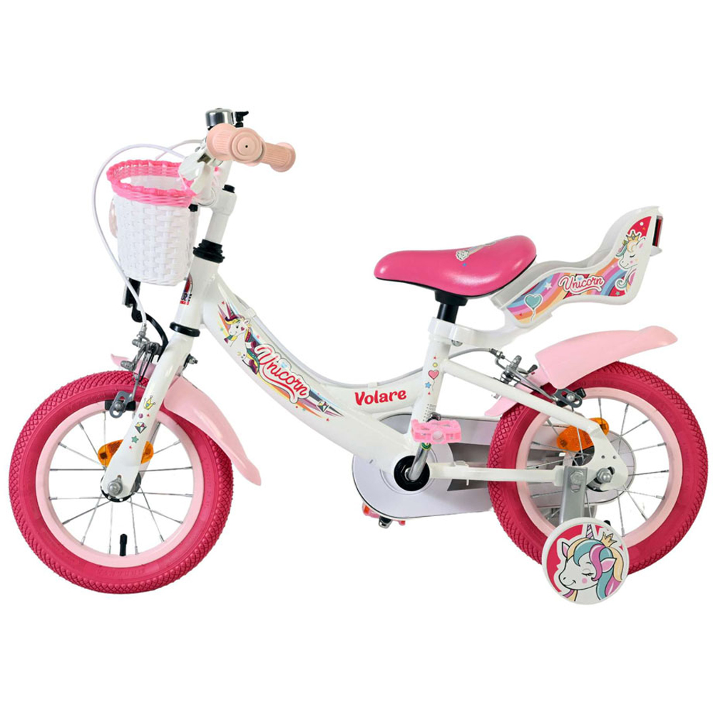 Volare Unicorn Kids 12 inch White and Pink Bike with Stabilisers Doll Seat and Basket Image 4