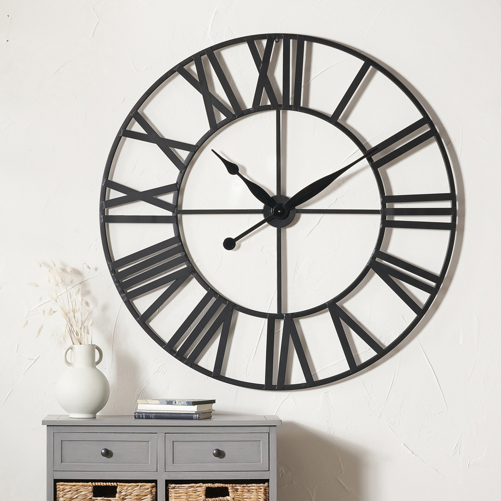 Pacific Lifestyle Black Metal Round Wall Clock with Roman Numerals 120cm Image 2