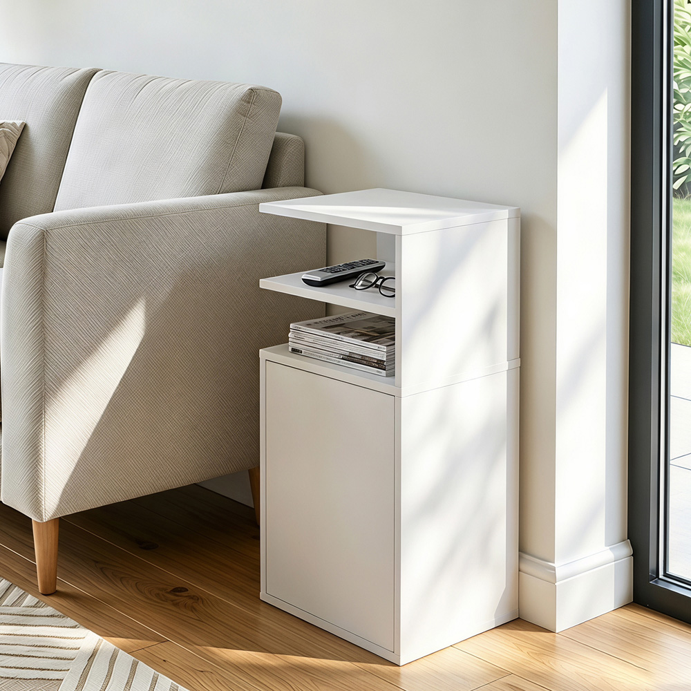 HOMCOM Single Door White Slim Bedside Table with Open Cubbies Set of 2 Image 3
