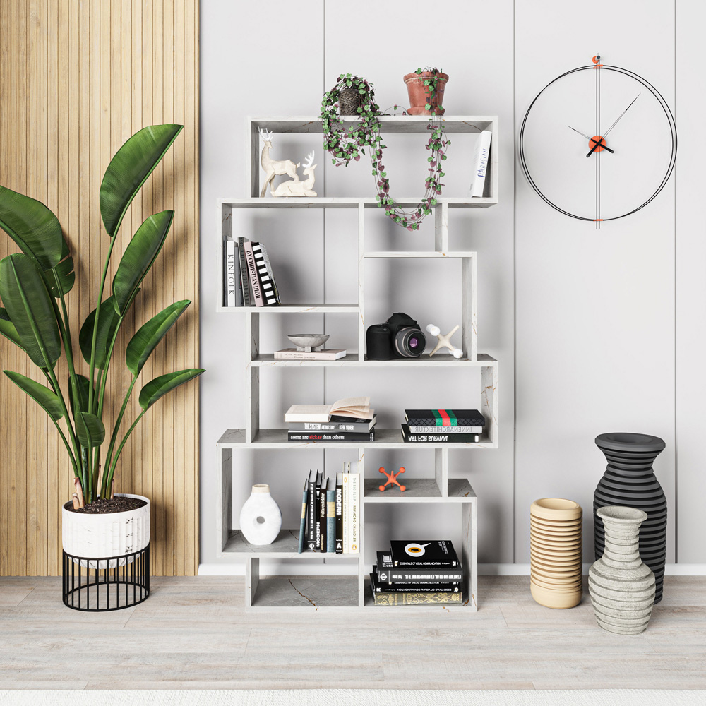 Decortie Karmato 10 Shelf Gold Marble Effect Asymmetric Tall Freestanding Bookcase Image 5