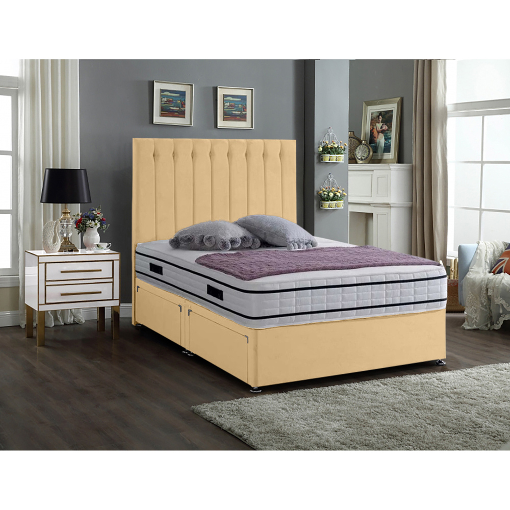 Eleganza Home Snuggler Double Beige Plush Velvet 2 Drawer Divan Bed with Lined Headboard Image 2