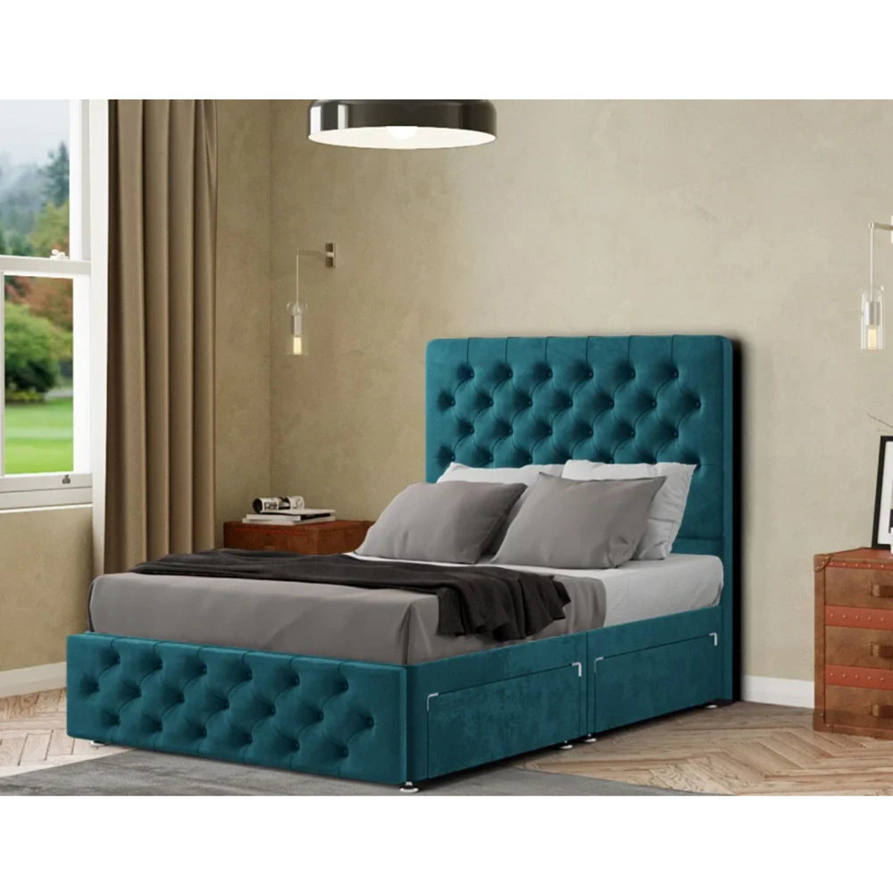 Portland Mary Chesterfield Double Emerald Plush Divan Bed with 2 Drawer and Headboard Image 3