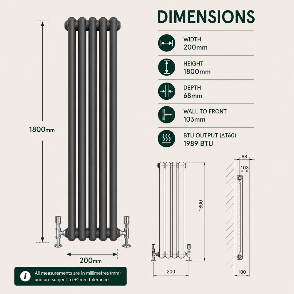 Go Bathrooms Uxbridge Anthracite Vertical Traditional Colosseum Radiator 1800 x 200mm Image 7