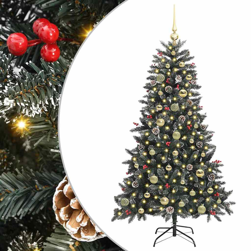 vidaXL Pre-Lit Gold Bauble Pinecones Berries Green Snow Flocked Artificial Christmas Tree 5ft Image 6