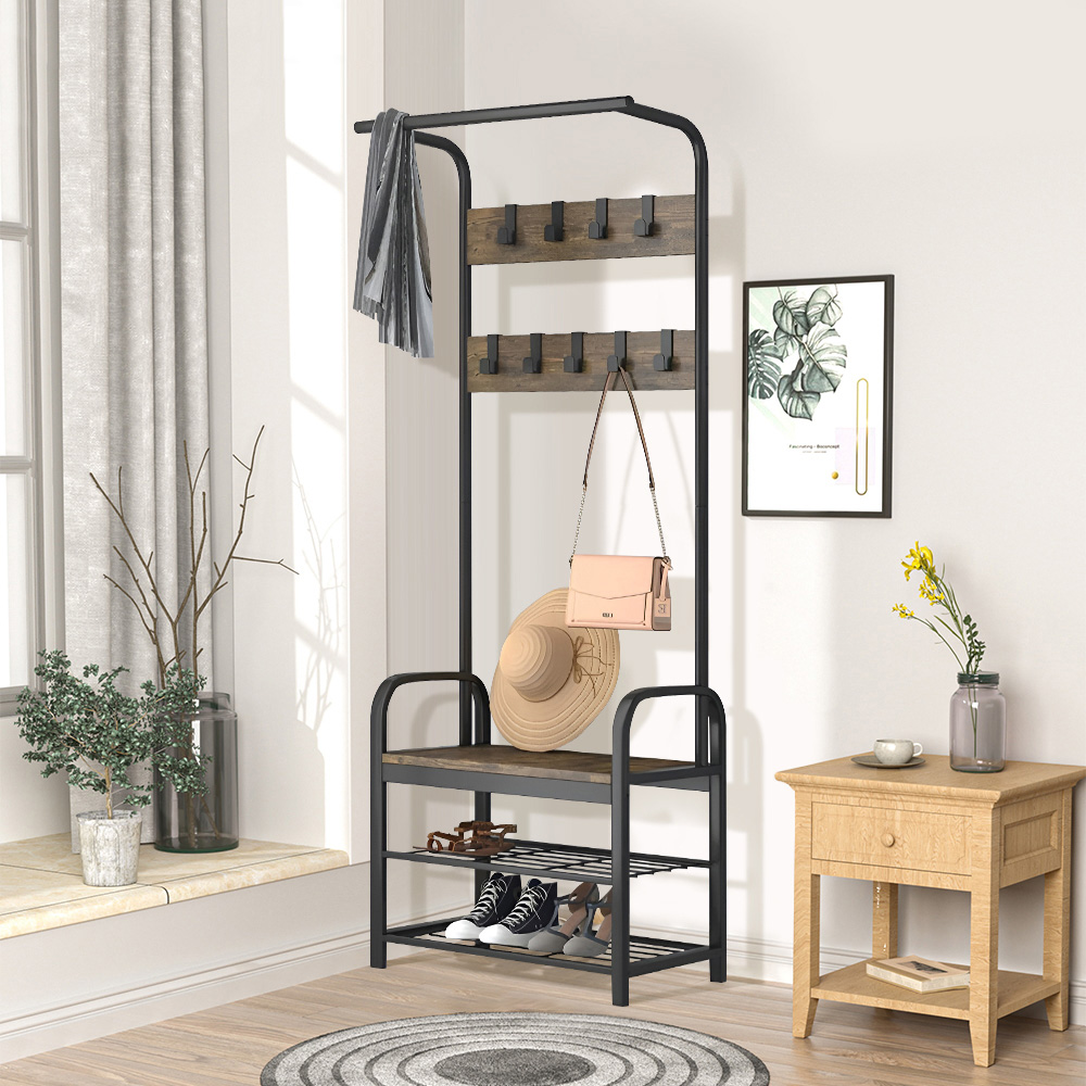 H&O Direct 3 Tier Brown and Black Coat and Shoe Rack Image 2