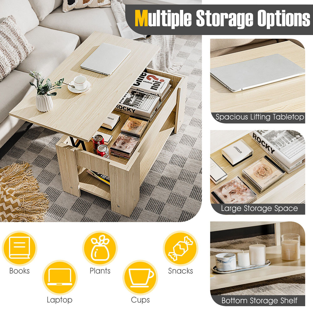 Costway Single Shelf Natural Lift Top Coffee Table Image 6
