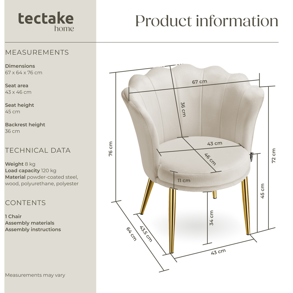 tectake Stella Cream and Gold Velvet Padded Armchair Image 9
