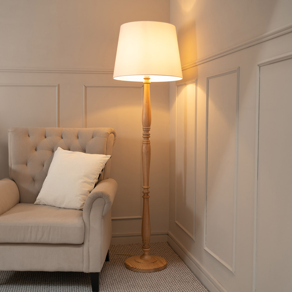 ValueLights Victoria White Fabric Tapered Shade Light Wood Traditional Stem LED Floor Lamp Image 2