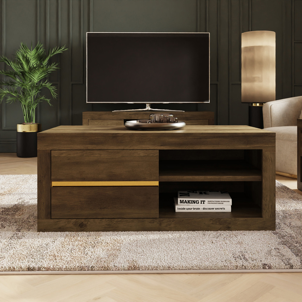 GFW Astley 2 Drawer 2 Shelf Knotty Oak Coffee Table Image 6