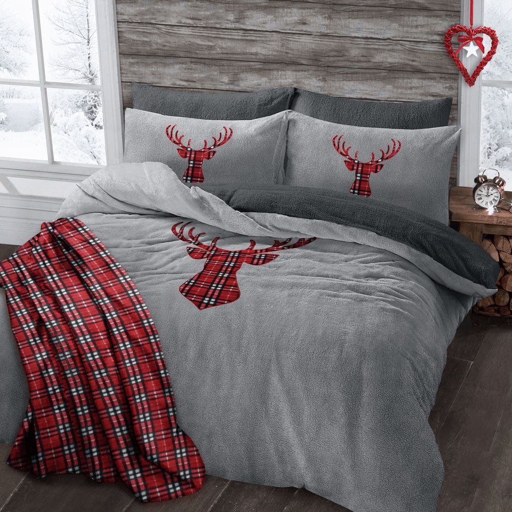 Velosso King Size Silver Stag Head Teddy Fleece Duvet Set Image 2
