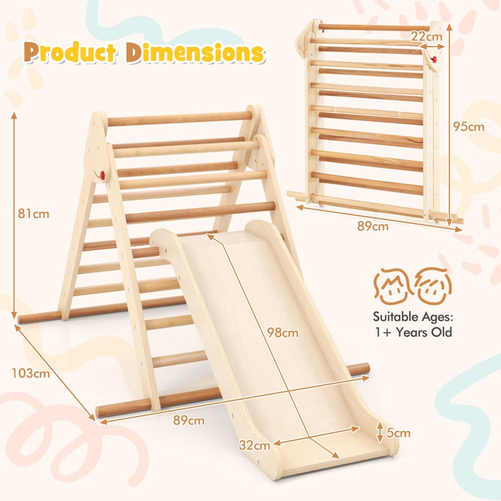 Costway Kids Natural Pikler Triangle Set with Slide Image 7