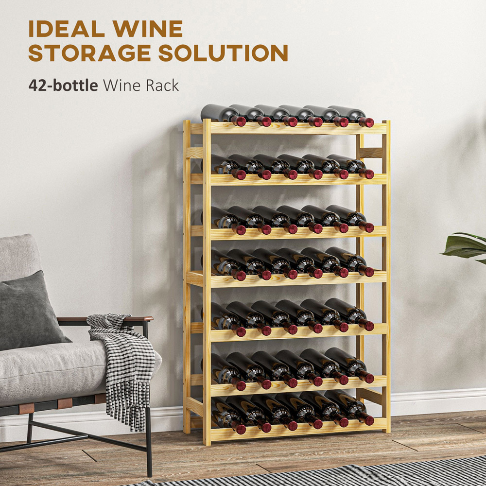 HOMCOM 7 Tier 42 Bottle Natural Wooden Wine Rack Image 6