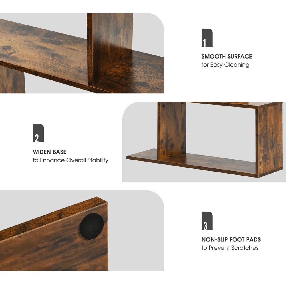 Costway 6 Shelf Brown S Shaped Wooden Industrial Bookshelf Image 8