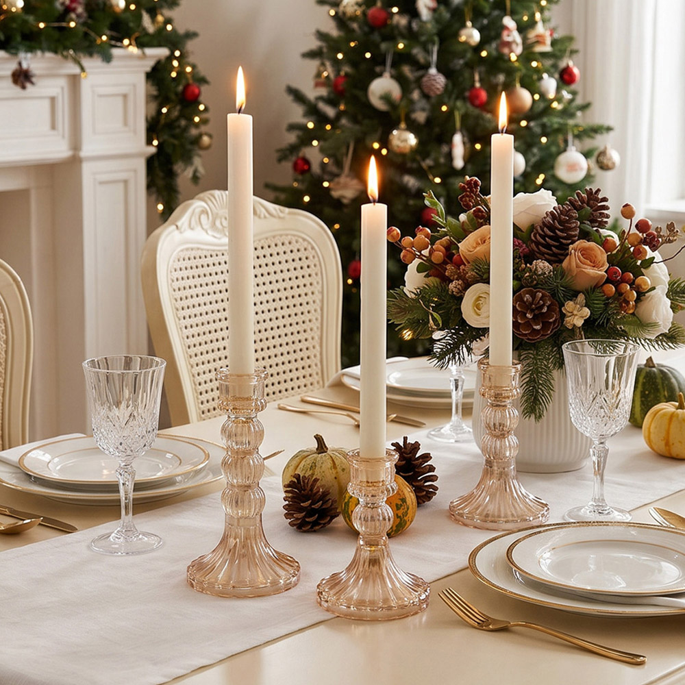 Living and Home Amber Glass Fluted Candlestick Holder Set of 3 Image 2