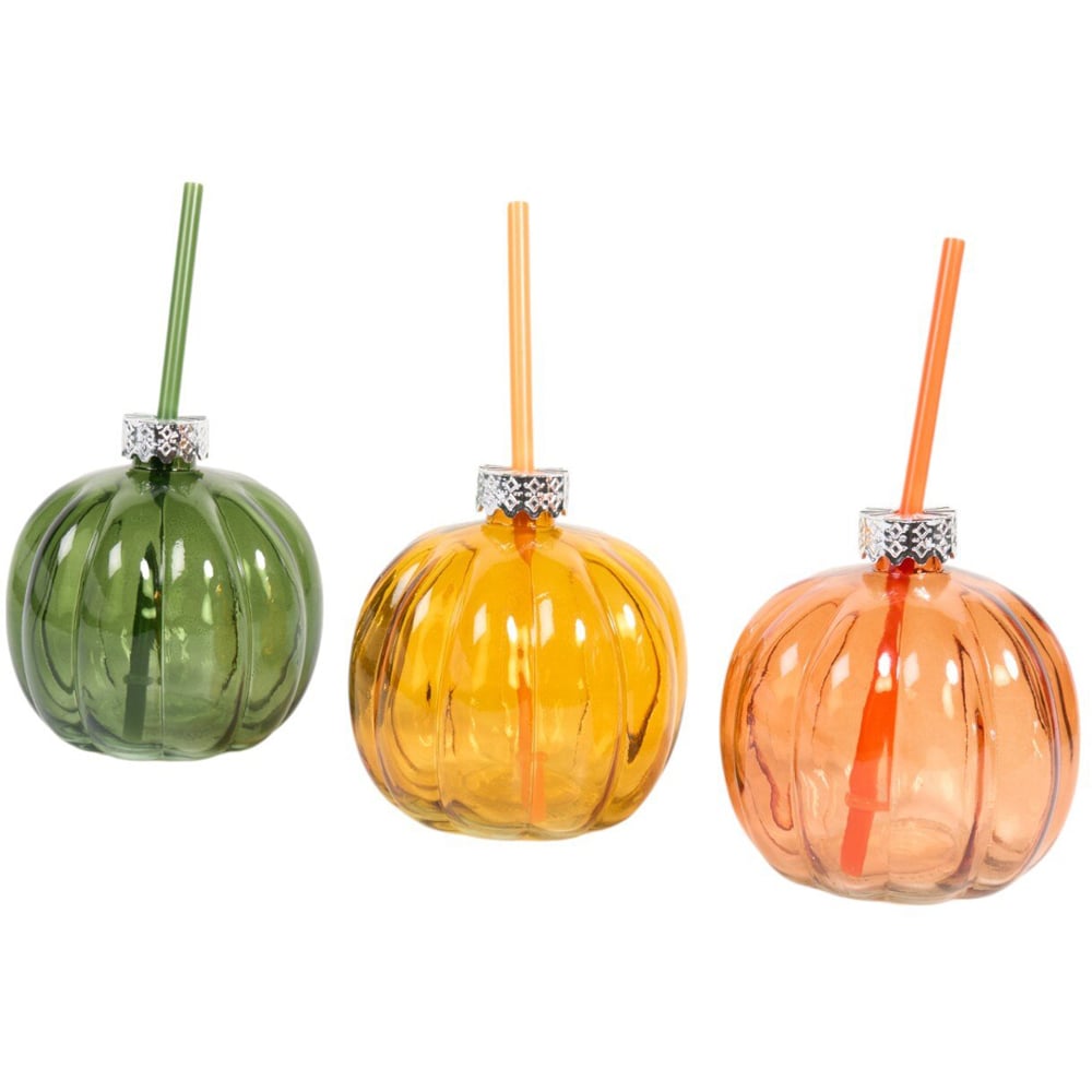 Pumpkin Shape Glass with Lid and Straw Image 1