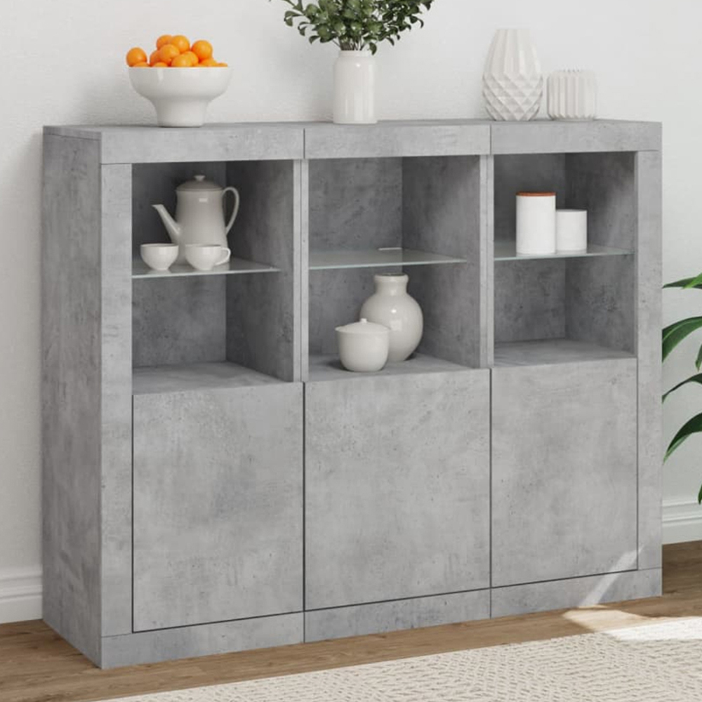 vidaXL 3 Door 6 Shelf Concrete Grey Sideboard with LED Lights 3 Pack Image 1