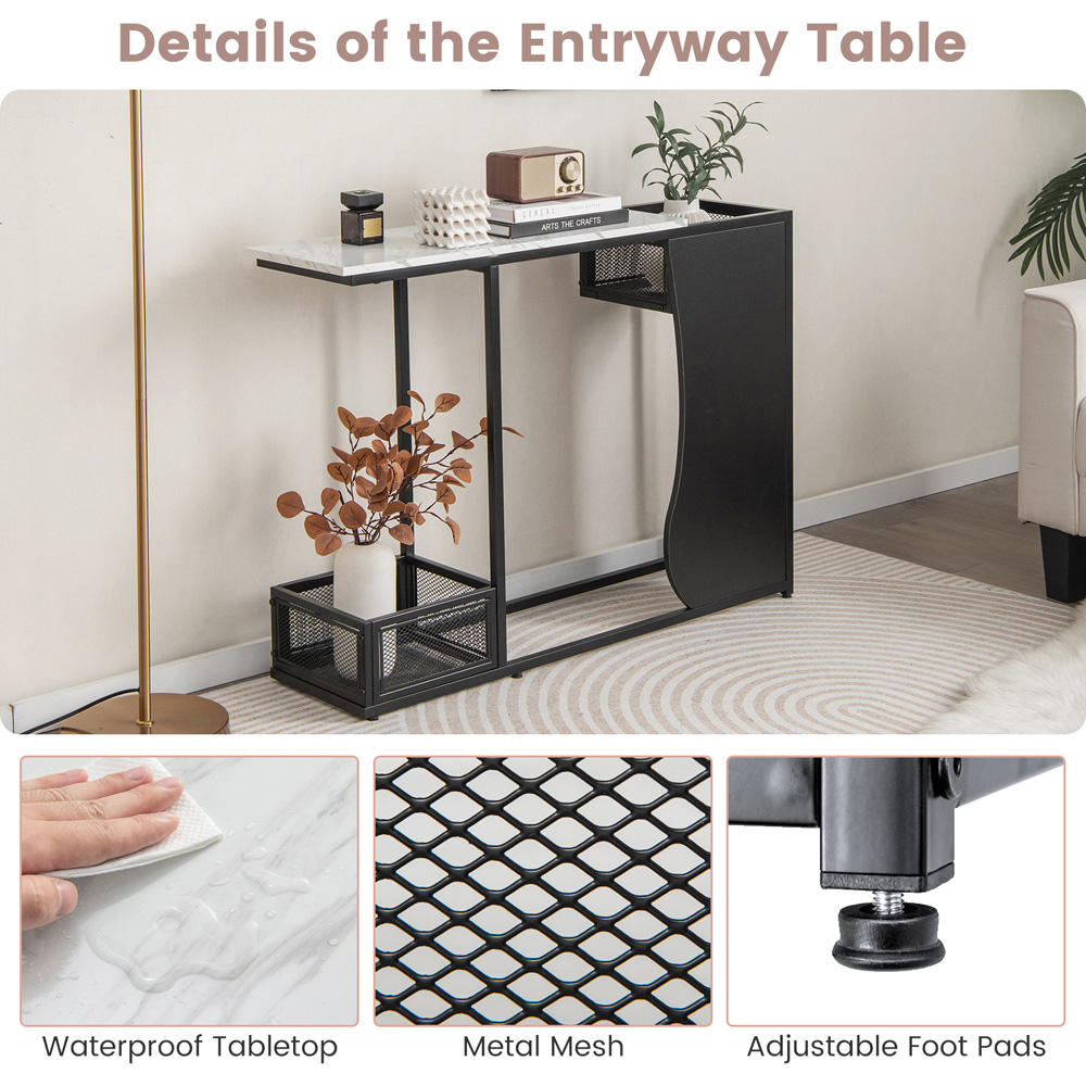Costway Black and White Marble Console Table with 2 Mesh Storage Image 7