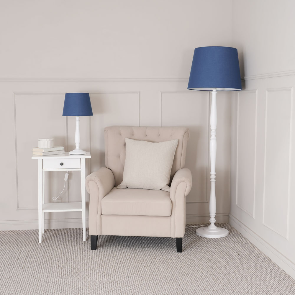 ValueLights Victoria Navy Blue Fabric Tapered Shade White Wood Traditional Stem LED Floor Lamp Image 5