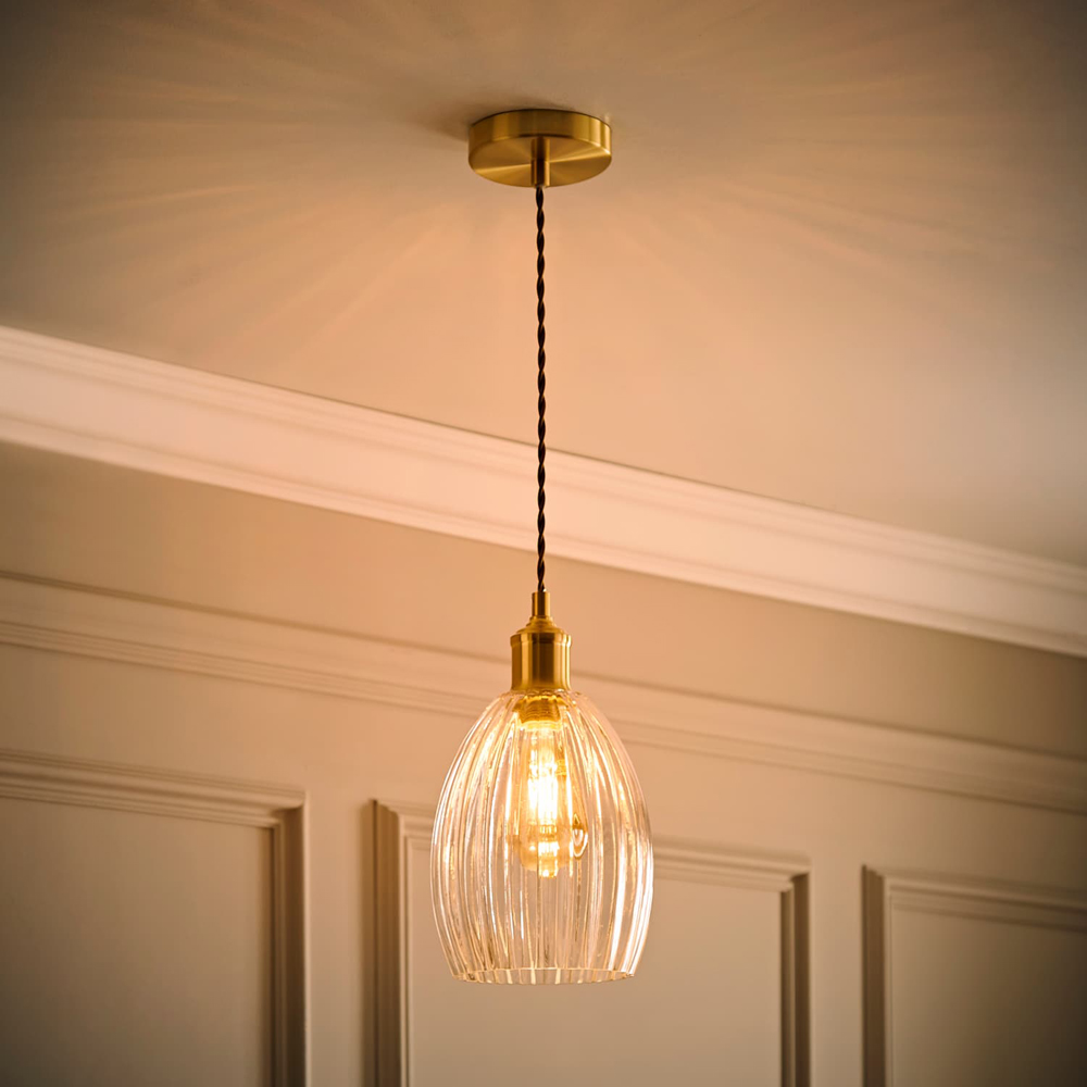 ValueLights Cheltenham Ribbed Shade Brushed Gold Ceiling Pendant Light with Bulb Image 2