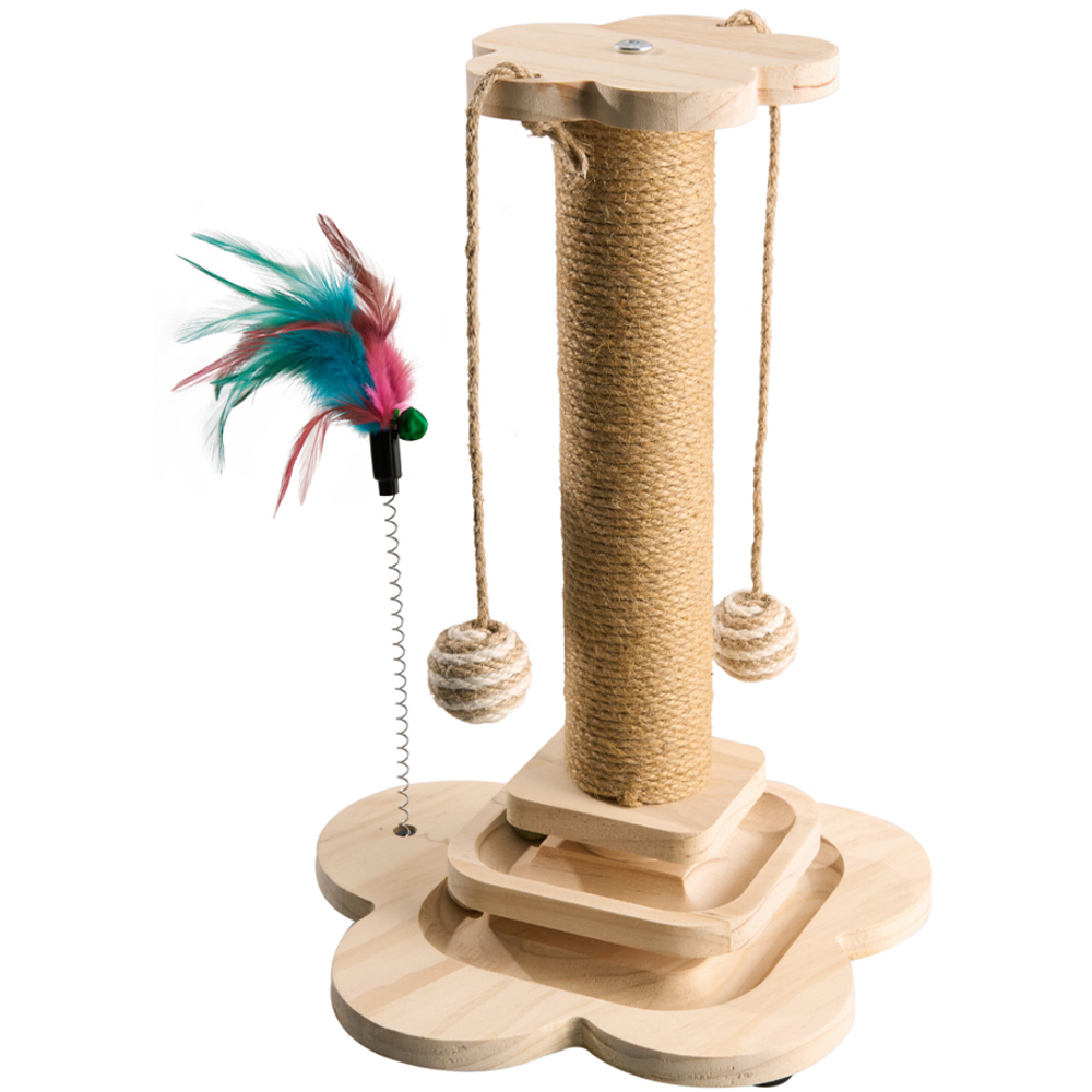 H&O Direct 4 in 1 Sisal Cat Scratching Post with Catnip Track Ball and Feather Toy Image 1
