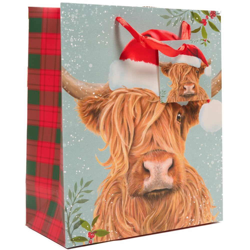 Highland Cow in Santa Hat Gift Bag Medium Image 1